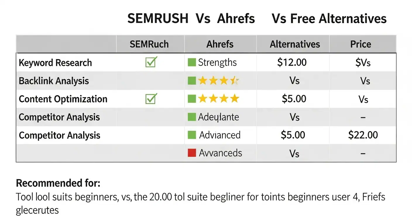 SEMrush vs Ahrefs vs Free Alternatives comparison table. Features, strengths, and pricing of each SEO tool.